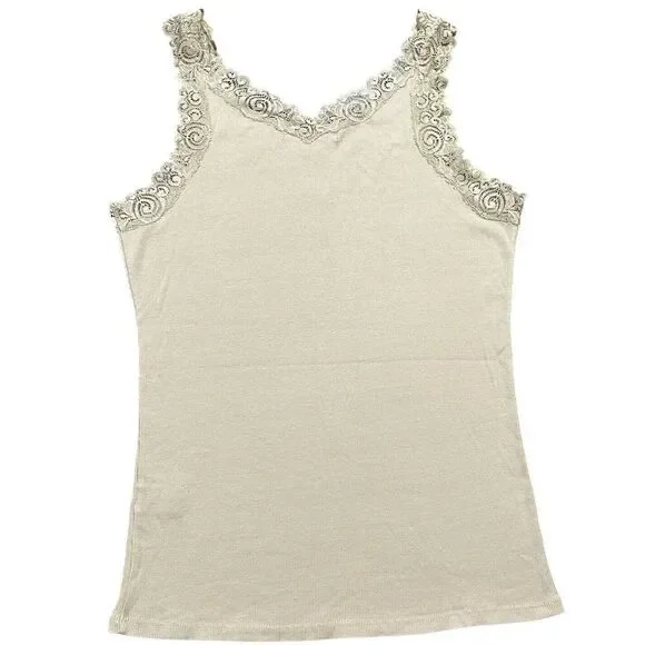 Vtg Y2K Lace Trimmed Tank Top Womens Sz XL Beige Fairycore Beaded Coquette Fairy - Picture 2 of 13